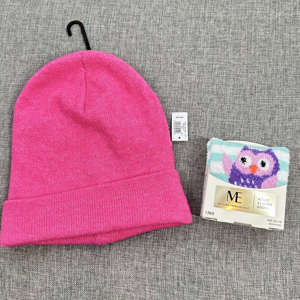 NEW! Old Navy Pink Beanie Hat (One Size) & Owl Slipper Socks 1 Pair Size 4-10